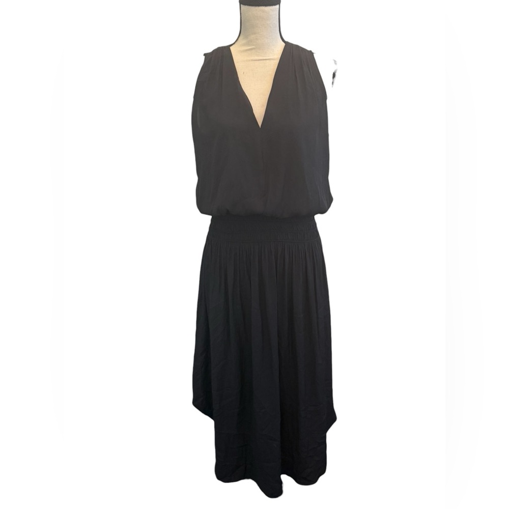 Ramy Brook Cady Black Midi V-Neck Sleveless Smocked Waist Dress Women's S NWT